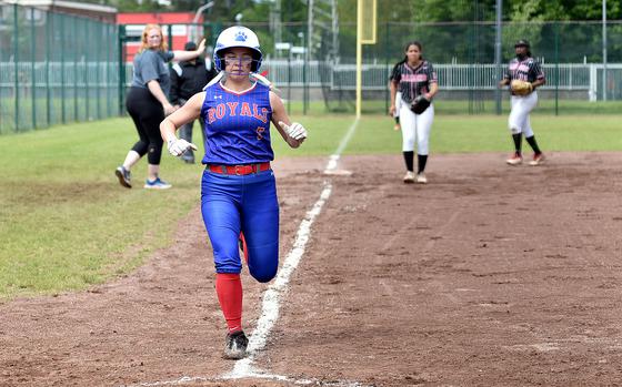 Ramstein junior Emma Inthavixay runs toward home plate during the Division I DODEA European softball championship game against Kaiserslautern on May 24, 2024, at Kaiserslautern High School in Kaiserslautern, Germany.