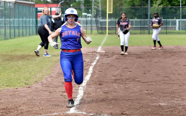 Ramstein junior Emma Inthavixay runs toward home plate during the Division I DODEA European softball championship game against Kaiserslautern on May 24, 2024, at Kaiserslautern High School in Kaiserslautern, Germany.