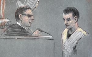 A courtroom drawing of a defendant standing in front of a judge.