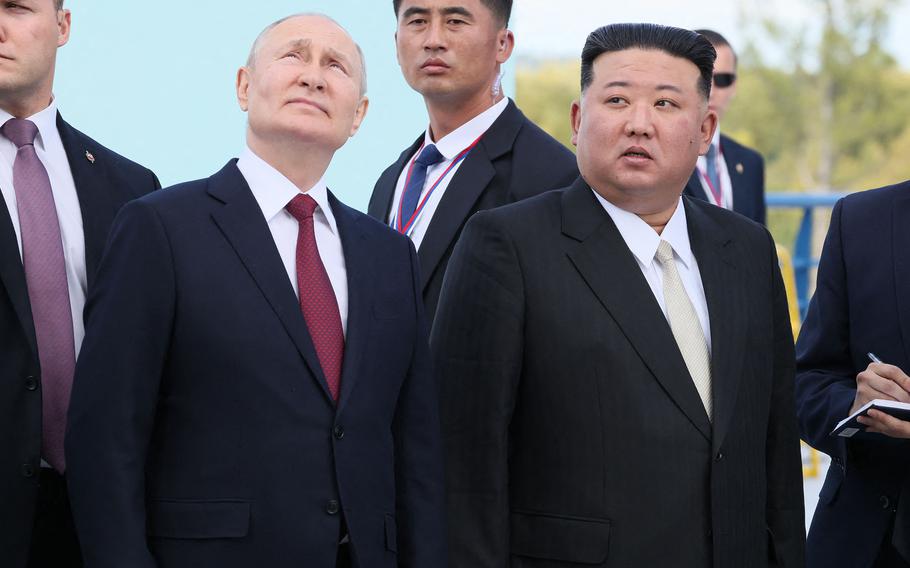 Russian President Vladimir Putin, left, and North Korean leader Kim Jong Un in September 2023.