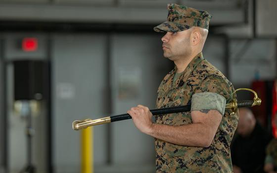 A relief and appointment ceremony is held for Marine Corps Air Facility Quantico (MCAFQ) at Marine Corps Air Facility Quantico, Va. on March 11, 2020. U.S. Marine Corps Sgt. Maj. Charlie H. Clawson was relieved of his duty as MCAFQ Sergeant Major, by Sgt. Maj. Jonas A. Johnson, Sgt. Maj., Security Battalion. (U.S. Marine Corps photo by Lance Cpl. George Nudo)