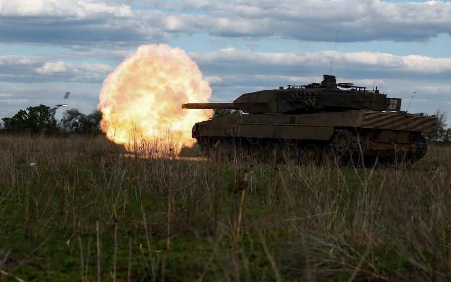 Ukraine service members of the 21st Separate Mechanized Brigade fire a Leopard 2A6 tank during a military exercise in Donetsk region, Ukraine May 12, 2024. 