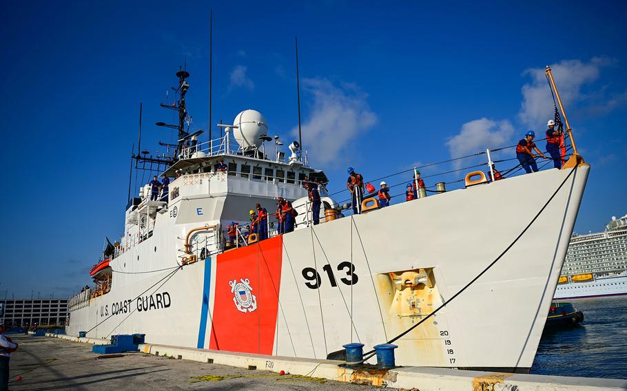 U.S. Coast Gaurd Cutter Mohawk (WMEC 913) crew moors alongside a pier at Port Everglades in Fort Lauderdale, Florida, May 10, 2024. The crew met with U.S. Coast Guard agents and partner agencies to offload 10 suspected smugglers and approximately $185 million worth of illegal narcotics. 