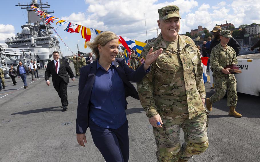 Army Gen. Mark Milley, chairman of the Joint Chiefs of Staff, and Swedish Prime Minister Magdalena Andersson meet in Stockholm, Saturday, June 4, 2022. (Fredrik Persson/TT News Agency via AP)