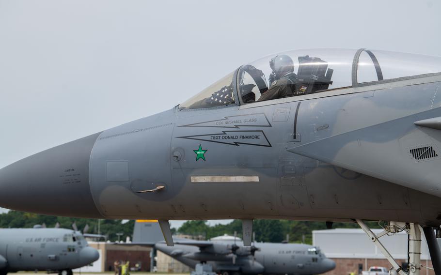 Col. Michael ‘Shot’ Glass, 104th Fighter Wing Operations Group Commander, flew F-15C aircraft 85-101 from Barnes Air National Guard Base in Westfield, Mass., to Bradley Air National Guard Base in East Granby, Conn., on July 22, 2024, its final flight before being retired and donated to the New England Air Museum. The green star on the side of the aircraft signifies a victory during air-to-air combat.