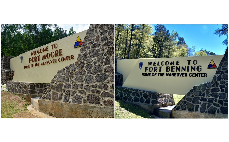 An entrance that reads “Welcome to Fort Moore” next to another image that says “Welcome to Fort Benning.”