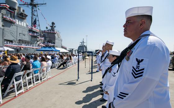 NAVAL BASE SAN DIEGO (Aug. 27, 2024) - Sailors assigned to the Ticonderoga-class guided-missile cruiser USS Cowpens (CG 63) participate in the ship's decommissioning ceremony at Naval Base San Diego Aug. 27, 2024. Cowpens was commissioned in 1991, marking 33 years as a United States Ship. (U.S. Navy photo by Mass Communication Specialist 1st Class Claire M. DuBois)