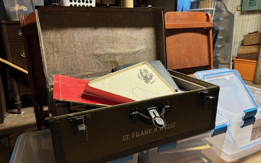 A World War II-era Army Air Forces footlocker bearing the name Lt. Frank M. Weiss sits at the Pawtucket, R.I., home of the late officer’s son Herb Weiss in this recent photo. The trunk was found in April on a curbside in Detroit by Michael Shannon, who found Herb Weis online and gifted him his father’s footlocker. 