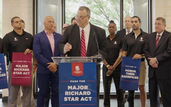 Senator Jon Tester speaks at a news conference about the Major Richard Star Act, which would restore full retirement benefits to disabled veterans medically retired from service due to combat injuries.