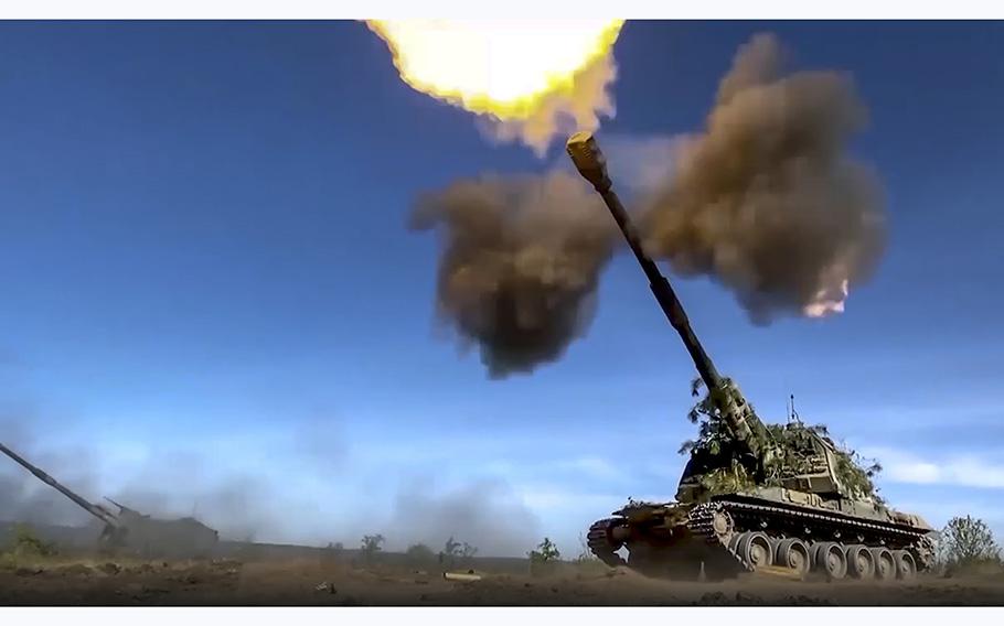 In this photo taken from video released by the Russian Defense Ministry Press Service on Monday, June 5, 2023, a Russian self-propelled gun fires toward Ukrainian positions at an undisclosed location. 