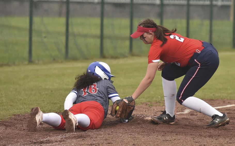 Lakenheath sophomore Audrey Young attempts a tag against Ramstein junior Ania Edwards during day one of the European championships on May 22, 2024, in Kaiserslautern, Germany