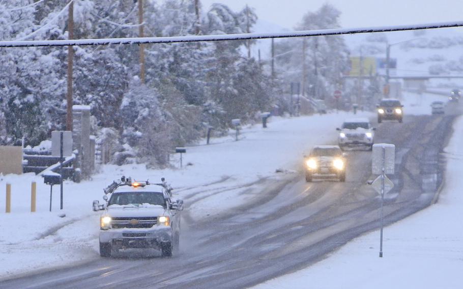 Vehicles make their way south on U.S. 84/285 near Pojoaque, New Mexico