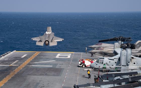 An F-35B Lightning II fighter aircraft from Marine Fighter Attack Squadron (VMFA) 242 takes off from the flight deck of the forward-deployed amphibious assault ship USS America (LHA 6) while conducting flight operations in the Philippine Sea on Monday Feb. 17, 2025. 