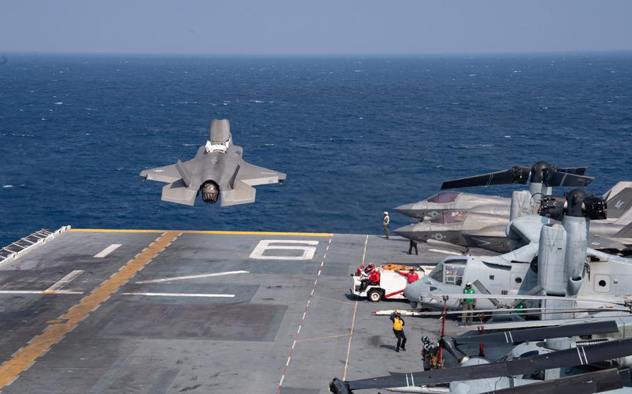 An F-35 goes airborne off the deck of USS America.