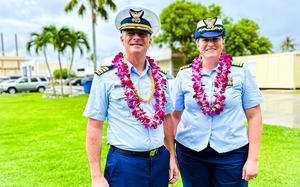 Capt. Jessica Worst and Capt. Robert Kistner pose at U.S. Coast Guard Forces Micronesia/Sector Guam after their change-of-command ceremony on Oct. 4, 2024. Worst is arriving from an assignment at U.S. Northern Command and Kistner is retiring after more than two decades of service.