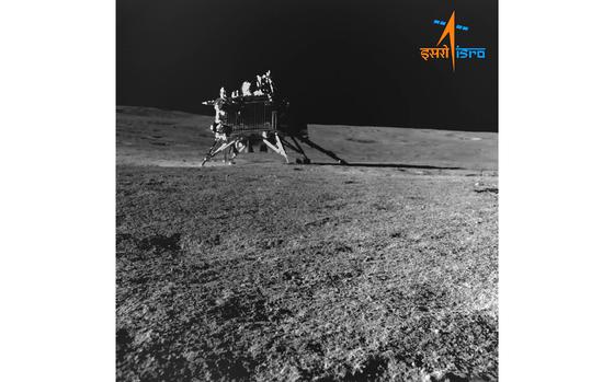 This image provided by the Indian Space Research Organisation (ISRO) shows Vikram lander as seen by the navigation camera on Pragyan Rover on Aug. 30, 2023. India’s moon rover has confirmed the presence of sulfur and detected several other elements on the surface near the lunar south pole a week after the country’s historic moon landing. ISRO says the rover’s laser-induced spectroscope instrument also has detected aluminum, iron, calcium, chromium, titanium, manganese, oxygen and silicon. (Indian Space Research Organisation via AP)