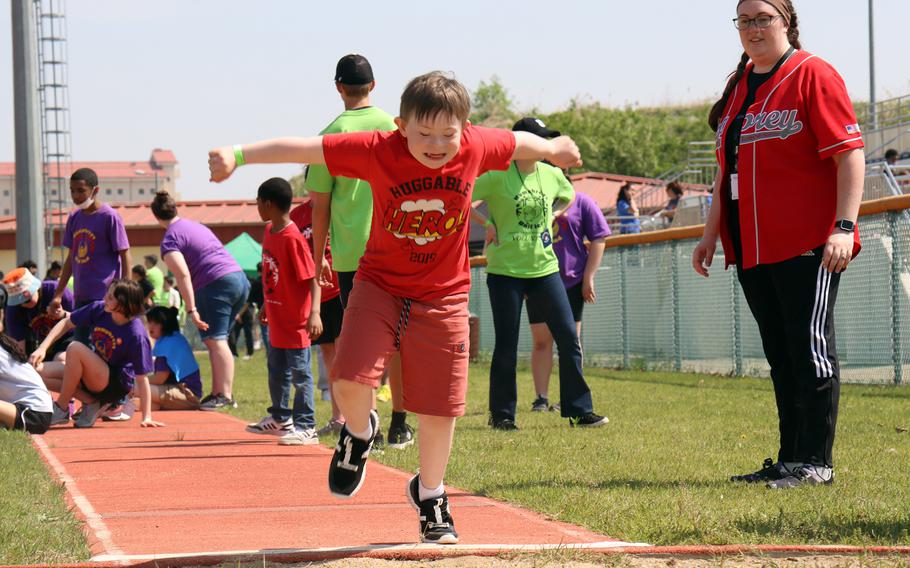 A student-athlete participates in the long-jump during the Unified Special Olympics at Camp Humphreys, South Korea, May 3, 2023.