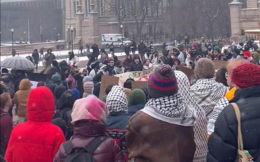 Students gather on the Columbia campus on Jan. 19, 2024, to protest the violence in Gaza.