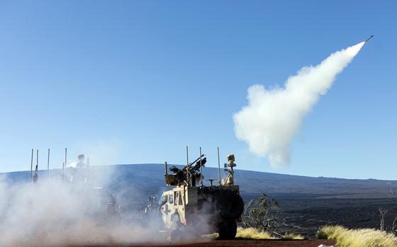 A Marine Air Defense Integrated System vehicle fires a Stinger missile at a target drone at Pohakuloa Training Area, Hawaii, Jan. 25, 2025. 