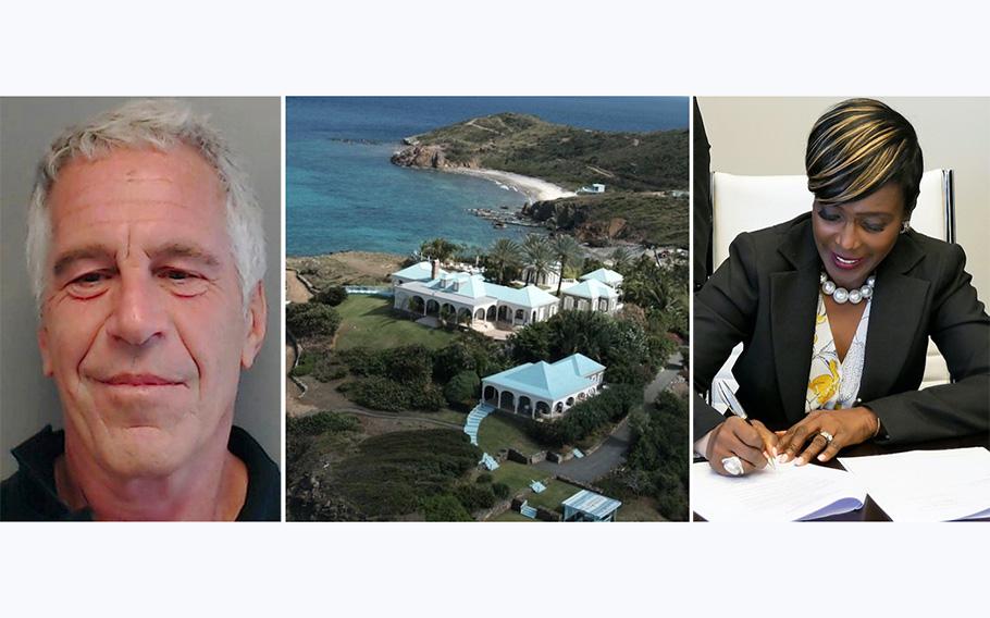 A police booking photo, left, shows financier Jeffrey Epstein on July 25, 2013. At center is a U.S. Virgin Island estate, and at right is the Virgin Islands’ former first lady, Cecile de Jongh.