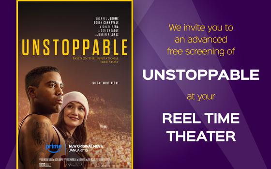 The ReelTime theater at the Ramstein KMCC Exchange holds an advanced screening of the docudrama “Unstoppable” on Jan. 4, 2024. 