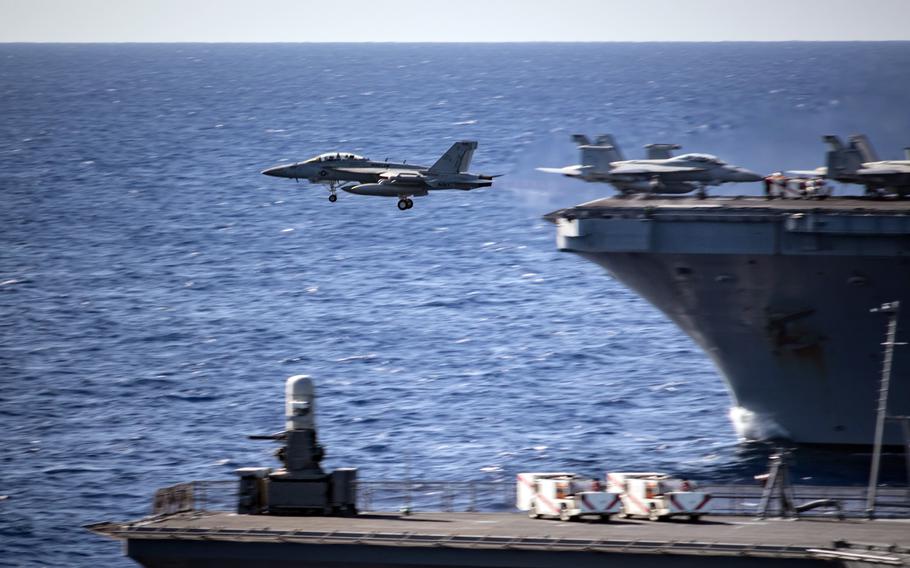An F/A-18E Super Hornet assigned to Carrier Air Wing 2 takes off from the aircraft carrier USS Carl Vinson in the Philippine Sea, Jan. 31, 2024.