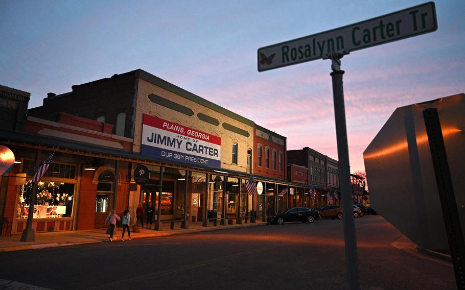 The sign for Rosalynn Carter Lane in the small town of Plains, Ga.