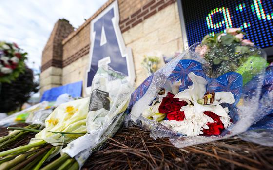 A memorial is seen at Apalachee High School after the Wednesday school shooting, Saturday, Sept. 7, 2024, in Winder, Ga.   (AP Photo/Mike Stewart)