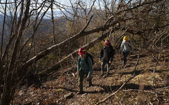 From left, Anne Sentz, Emily Powell and Franklin Tate, with the Appalachian Trail Conservancy, check out a portion of the famed trail in the wake of Hurricane Helene’s destruction. 