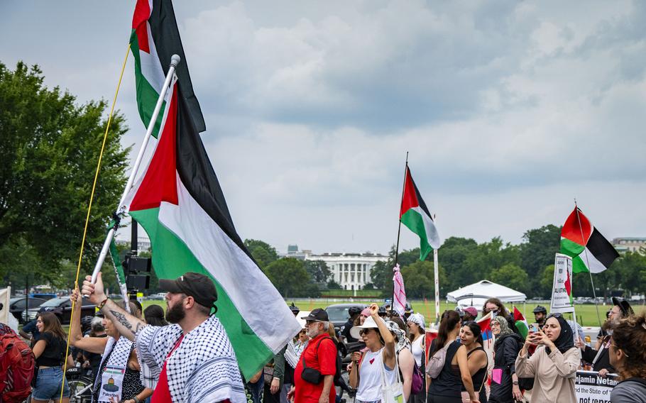 Protesters march outside the White House as Israeli Prime Minister Benjamin Netanyahu meets with President Joe Biden and Vice President Kamala Harris in Washington on July 25. 2024. 