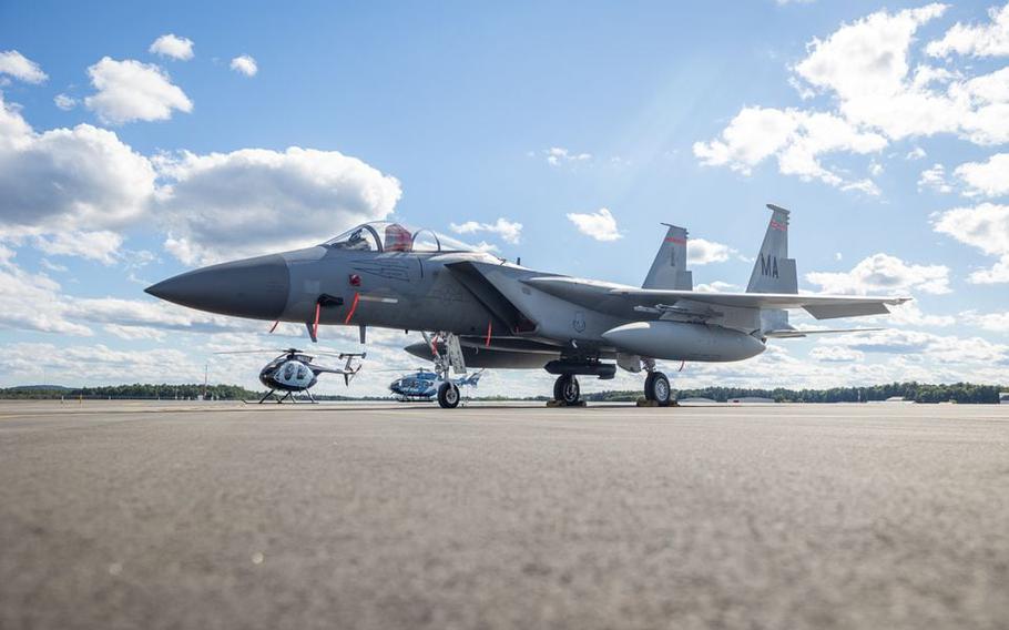 An F-15 fighter jet parks on the new taxiway Sierra at Barnes Air National Guard Base in Westfield. 