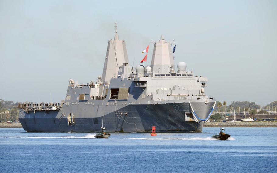 Amphibious transport dock ship USS San Diego returns home to Naval Base San Diego following a seven-month deployment to the U.S. 5th and 7th Fleets on Feb. 25, 2015