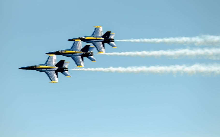 U.S. Navy flight demonstration squadron, the Blue Angels, perform a show in F/A-18 Super Hornets at the U.S. Naval Academy during commissioning week, May 22, 2024, in Annapolis, Md.