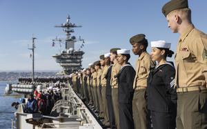 241220-N-LM220-1158 PACIFIC OCEAN (Dec. 20, 2024) Sailors and Marines man the rails on the Nimitz-class aircraft carrier USS Abraham Lincoln (CVN 72). The aircraft carrier Abraham Lincoln, flagship of Carrier Strike Group (CSG) 3, returns to Naval Air Station North Island following deployment to the U.S. 3rd Fleet, U.S. 7th Fleet and U.S. 5th Fleet areas of operation. An integral part of U.S. Pacific Fleet, 3rd Fleet operates naval forces in the Indo-Pacific and provides the realistic and relevant training necessary to execute the U.S. Navy’s role across the full spectrum of military operations – from combat operations to humanitarian assistance and disaster relief U.S. 3rd Fleet works together with our allies and partners to advance freedom of navigation, the rule of law, and other principles that underpin security for Indo-Pacific region. (U.S. Navy photo by Mass Communication Specialist 2nd Class Clayton A. Wren)