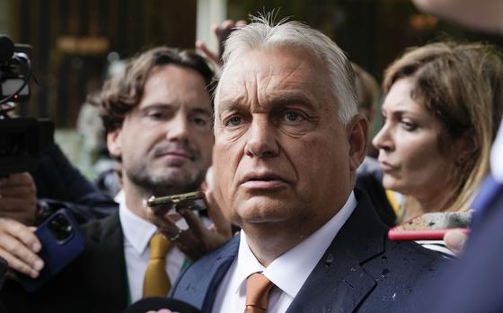 Hungarian Prime Minister Viktor Orban talks to reporters at The European House Ambrosetti (TEHA) economic forum in Cernobbio, Como Lake, Italy, Friday, Sept. 6, 2024. (AP Photo/Luca Bruno)