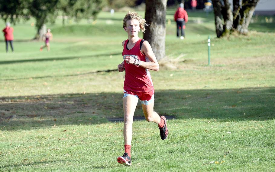 Kaiserslautern's Noah Lutz looks to the side during an Oct. 14, 2023, race on Rolling Hills Golf Course in Baumholder, Germany.