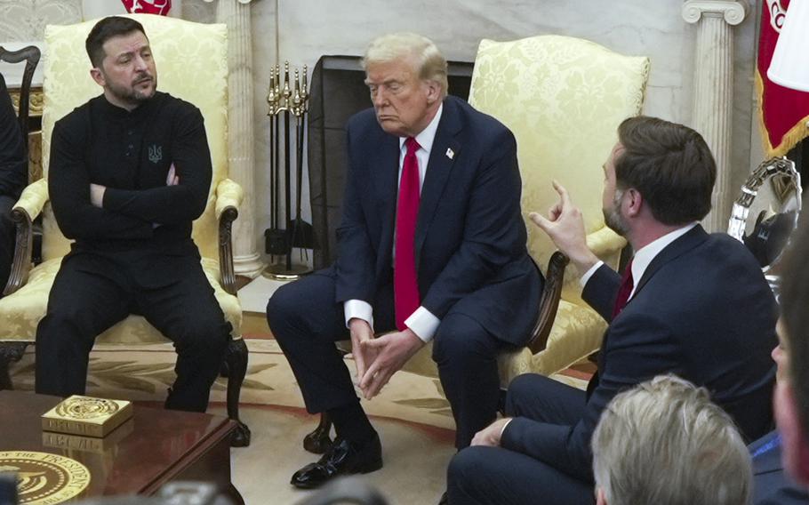 Vice President JD Vance, right, speaks with Ukrainian President Volodymyr Zelenskyy, left, as President Donald Trump listens in the Oval Office at the White House, Friday, Feb. 28, 2025, in Washington. 