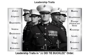 A screenshot shows the Marine Corps’ updated leadership traits of the JJ DID TIE BUCKLEE order.