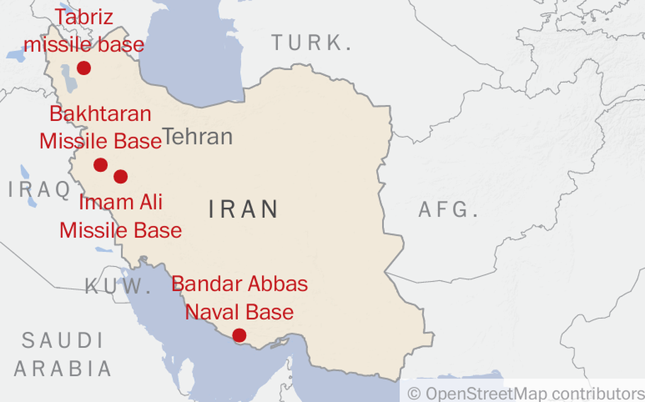 A map of potential military targets in Iran that could be struck by Israel in retaliation for the Iranian missile barrage in early October 2024.