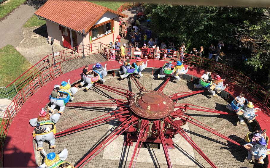 The Elephants ride is seen from the Ferris wheel at Didiland amusement park in Morsbronn-les-Bains, France.