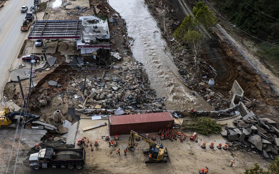 Debris littered throughout Swannanoa, N.C., in the aftermath of Hurricane Helene.