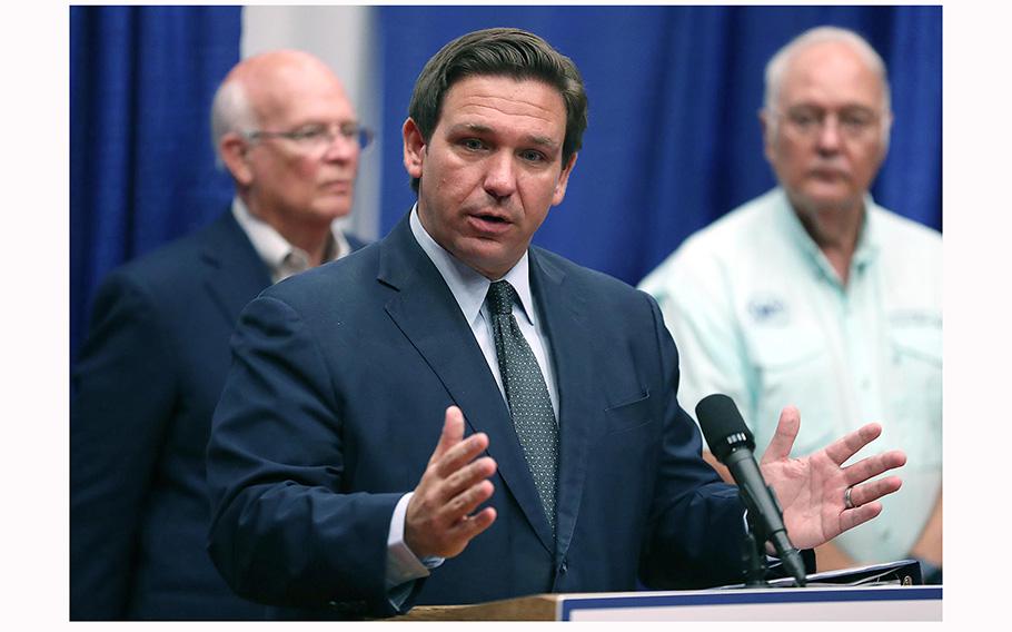 Florida Gov. Ron DeSantis speaks at a Monoclonal Antibody Treatment center at the Barnstorm Theater in The Villages on August 25, 2021. The center is one of many for treatment of COVID-19. 