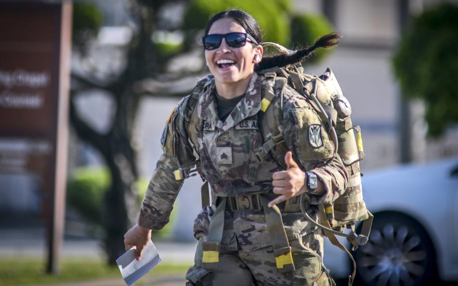 An American airman takes on a nearly 19-mile Norwegian ruck march during the Four Chaplains event at Osan Air Base, South Korea, on May 18, 2024.