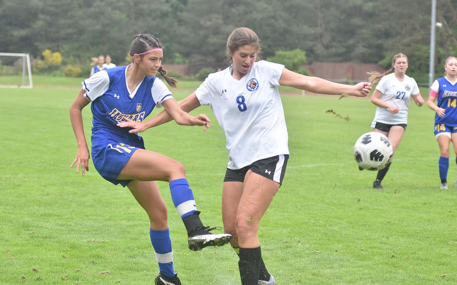 Sigonella's Ryleigh Denton has her shot near the goal defect off Brussels' Abigail Halttunen Tuesday, May 21, 2024, at the DODEA European Division III girls soccer championships at Landstuhl, Germany.