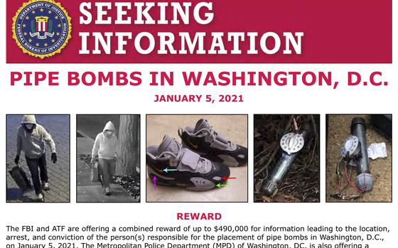 An FBI “seeking information” bulletin shows images of a suspect in a hooded sweatshirt and mask, shoes and pipe bombs.