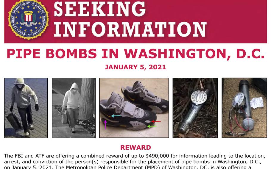 An FBI “seeking information” bulletin shows images of a suspect in a hooded sweatshirt and mask, shoes and pipe bombs.