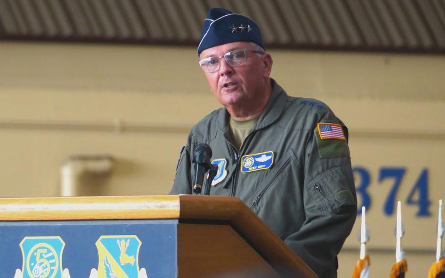 Lt. Gen. Ricky N. Rupp, commander of U.S. Forces Japan and 5th Air Force, speaks during a change-of-command ceremony at Yokota Air Base, Japan, on July 9, 2024.