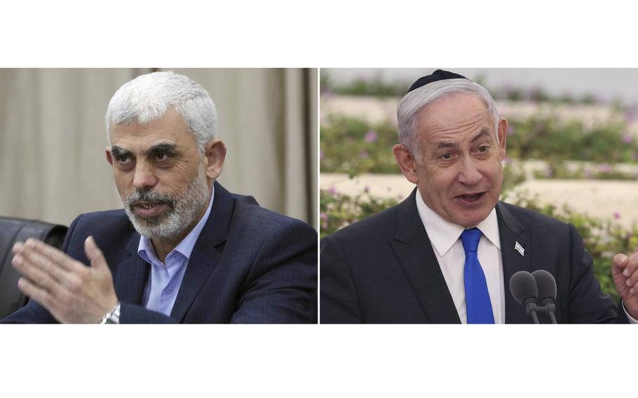 In this combination image, Hamas' leader in Gaza, Yahya Sinwar, speaks on April 13, 2022, in Gaza City, left, and Israeli Prime Minister Benjamin Netanyahu speaks on June 18, 2024, in Tel Aviv. The fate of the proposed cease-fire deal for Gaza hinges in many ways on Sinwar and Netanyahu. Each faces significant political and personal pressures that may be influencing their decision-making and neither seems in a rush to make concessions to end the war.