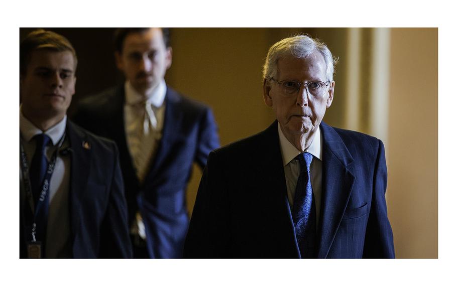 Senate Minority Leader Mitch McConnell, R-Ky., walks toward the Senate floor from his office on Jan. 23, 2024, in Washington, D.C. McConnell endorsed former President Donald Trump on Wednesday, March 6.