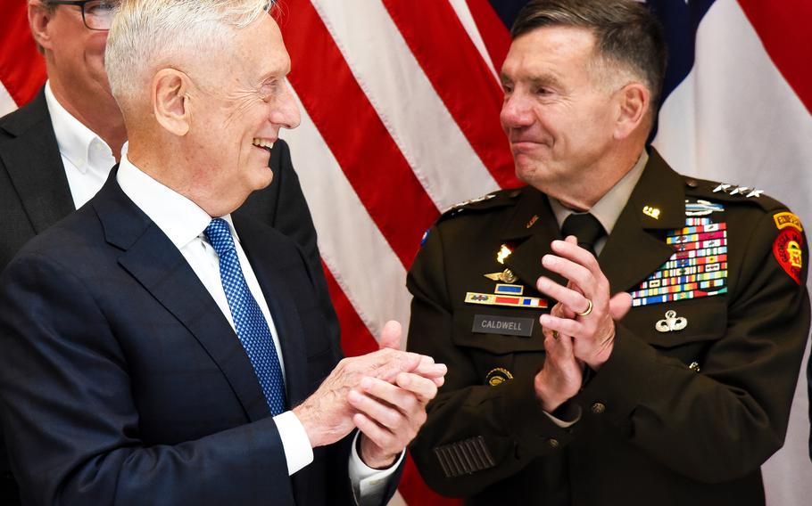 Former Defense Secretary Jim Mattis, left, and retired Army Lt. Gen. William Caldwell at Georgia Military College on Sept. 12, 2024. 